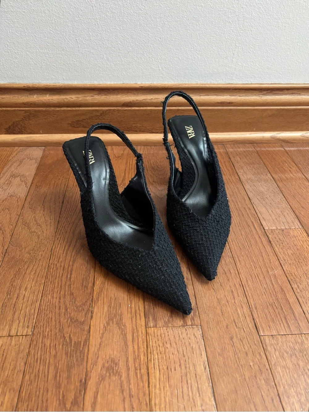 Zara Black Tweed Pointed Toe Sling Back Heels with Gold Tone Accents